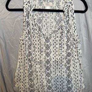 LOFT Navy and Cream Patterned Tank Top with ruffle neck